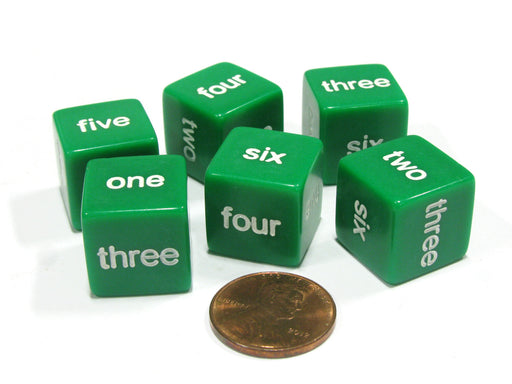 Set of 6 D6 16mm Word Number Dice - Green with White Numbers