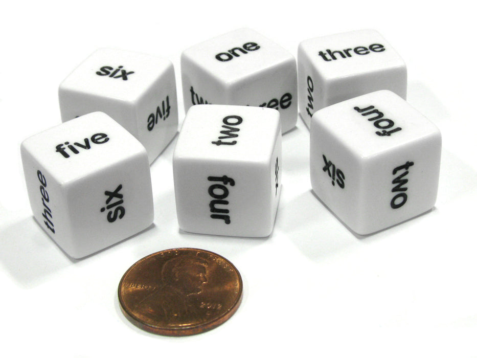 Set of 6 D6 16mm Word Number Dice - White with Black Numbers
