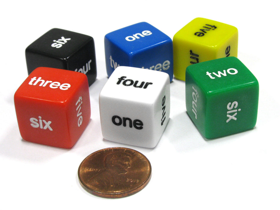 Set of 6 D6 16mm Word Number Dice - 1 of Each: Red White Blue Black Green Yellow