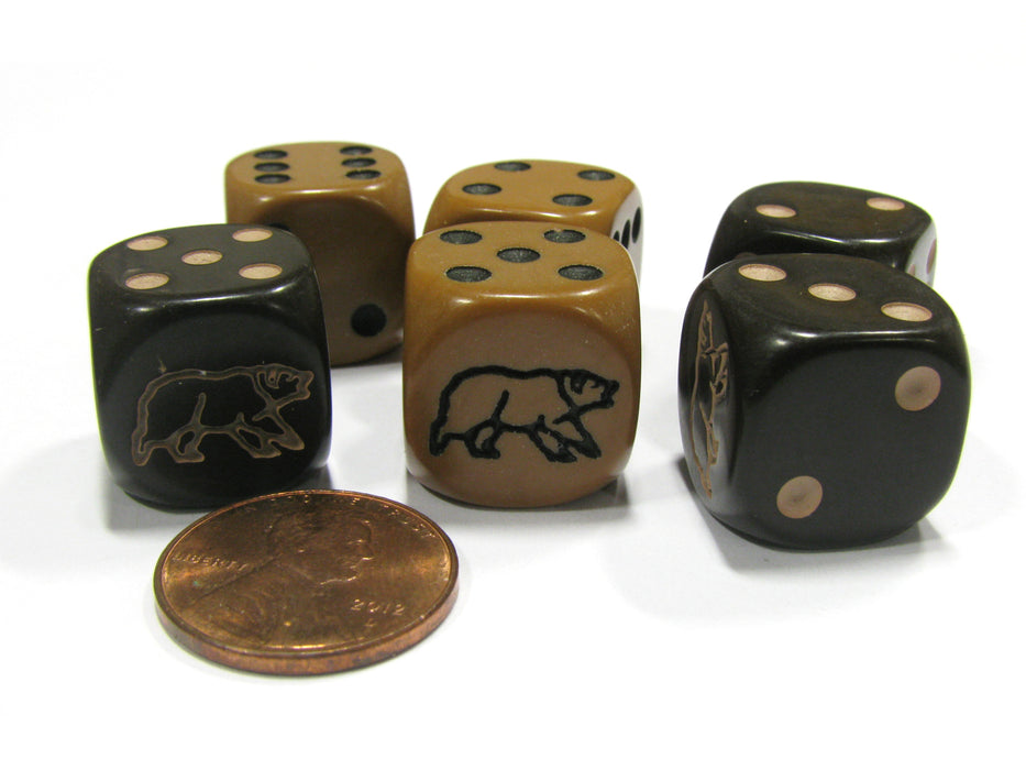 Set of 6 Bear 16mm D6 Round Edge Animal Dice - 3 Each of Black and Brown