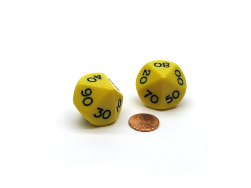 Pack of 2 Tens D10 10-Sided Jumbo Opaque Dice - Yellow with Black Numbers