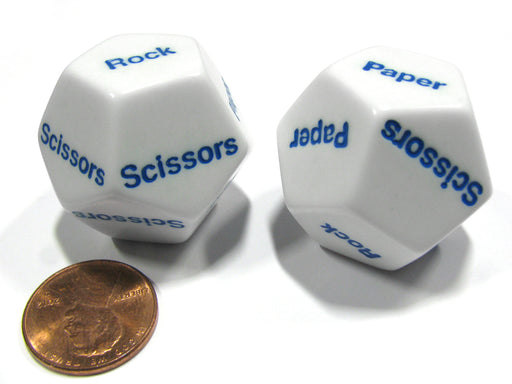 Set of 2 D12 12-Sided Rock, Paper, Scissors Game Dice - White with Blue Letters