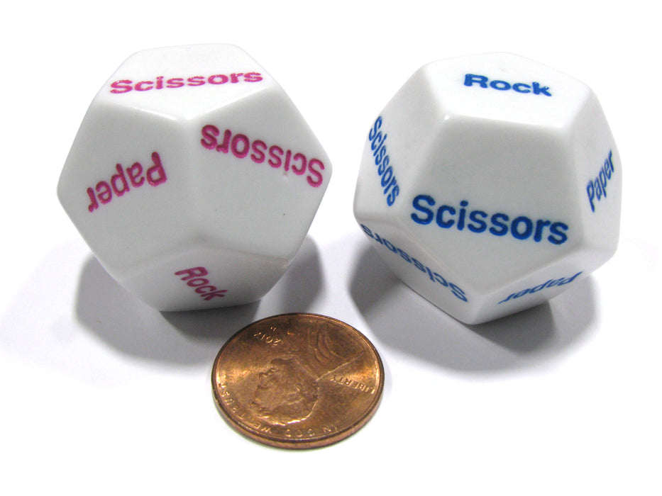 Set of 2 D12 Rock, Paper, Scissors Dice - 1 White with Blue, 1 White with Pink
