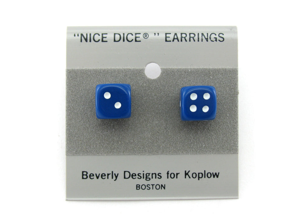 10mm Post Stud Dice Earrings - Opaque Blue with White Pips