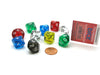 Set of 10 D10 Transparent Dice in Plastic Display Case - Assorted Colors