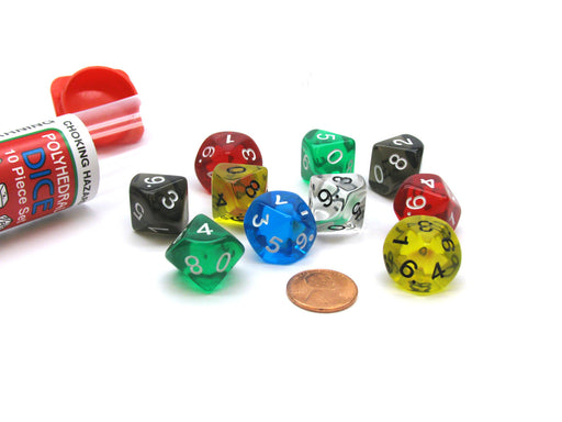 Set of 10 D10 Transparent Dice in Travel Tube - Assorted Colors