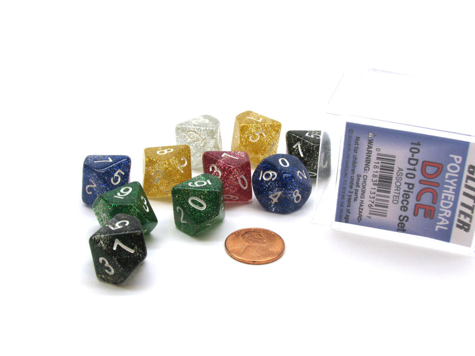 Set of 10 D10 Glitter Dice in Plastic Display Case - Assorted Colors