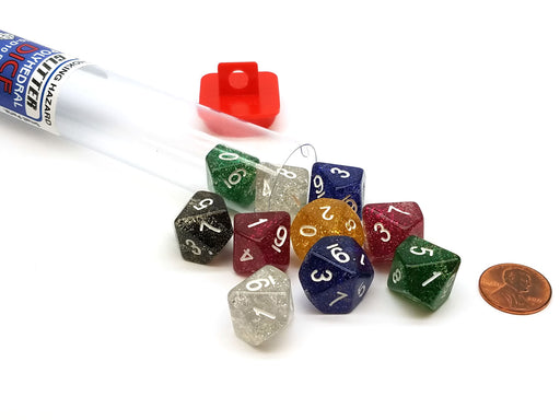 Set of 10 D10 Glitter Dice in Travel Tube - Assorted Colors