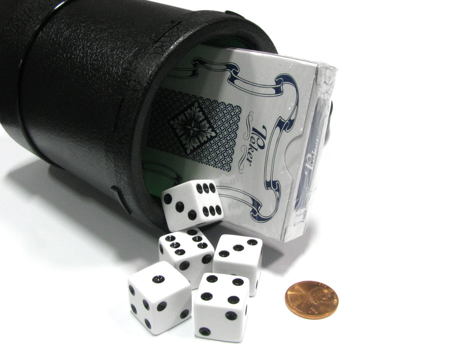 Heavy Duty Dice Cup w Twist Off Cover 5pc 16mm White Die & Playing Cards Travel