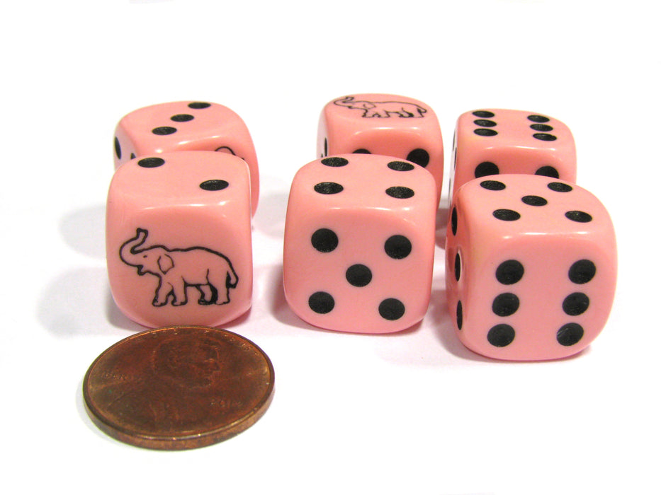 Set of 6 Elephant Dice 16mm D6 Rounded Edges Dice - Pink with Black Pips