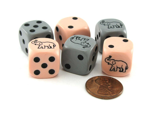 Set of 6 Elephant 16mm D6 Round Edged Animal Dice - 3 Pink and 3 Gray