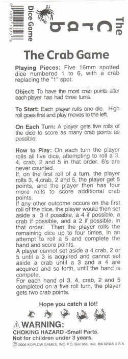 Crab Dice Game 5 Dice Set with Travel Tube and Instructions