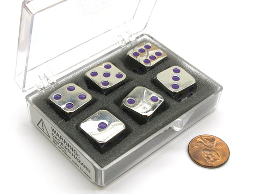 Box of 6 Zinc Metal Alloy D6 15mm Heavy Dice - Purple Pips