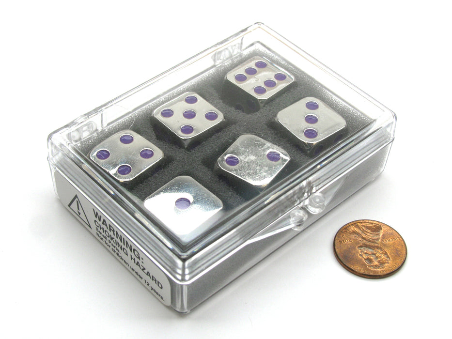 Box of 6 Zinc Metal Alloy D6 15mm Heavy Dice - Purple Pips