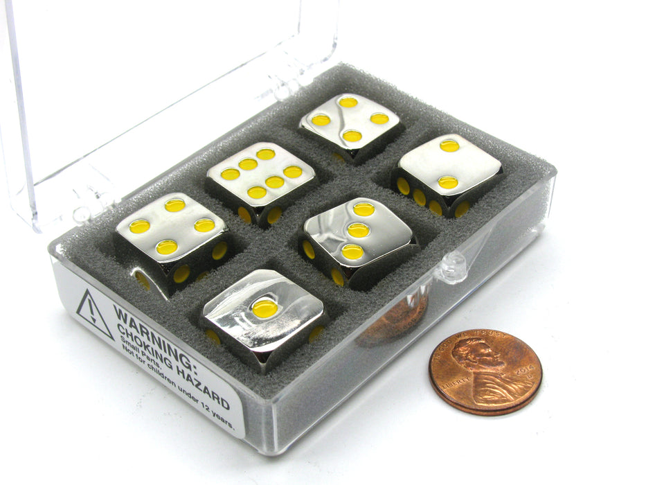 Box of 6 Zinc Metal Alloy D6 15mm Heavy Dice - Yellow Pips