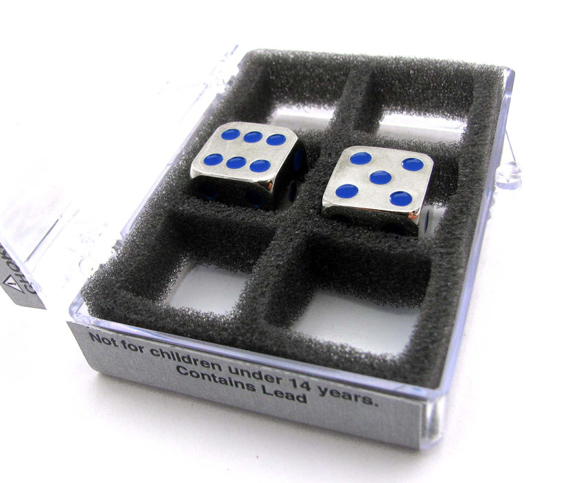 Box of 2 Zinc Metal Alloy D6 15mm Heavy Dice - Blue Pips