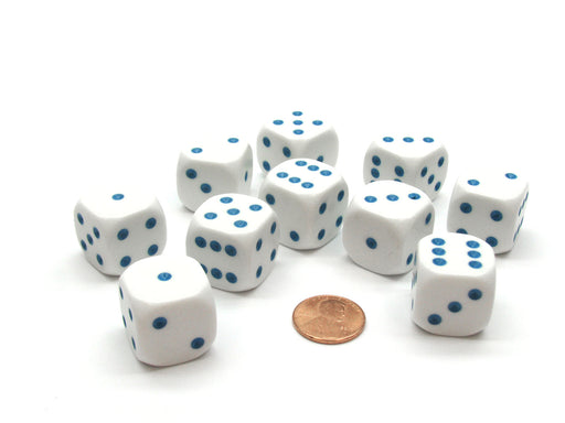 Pack of 10 20mm D6 Dice - White with Blue Pips