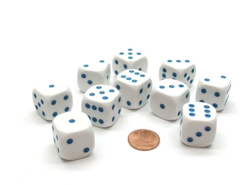 Pack of 10 20mm D6 Dice - White with Blue Pips