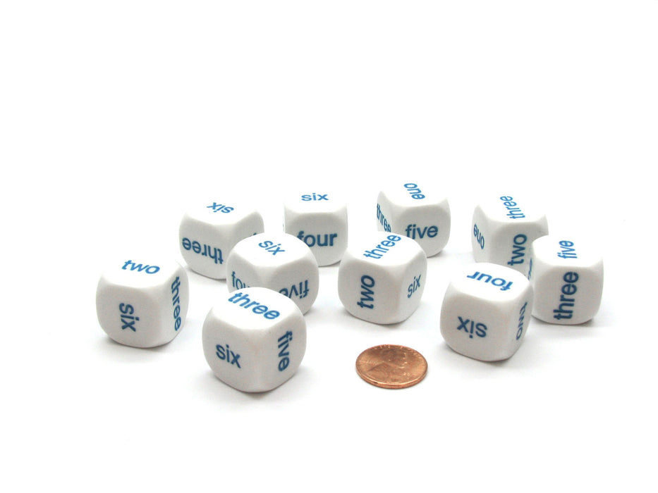 Pack of 10 20mm Math 1-6 Word Number Dice, English - White with Blue Words