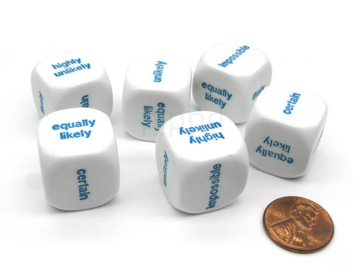 Pack of 6 20mm Educational English Probability Dice - White with Blue Words