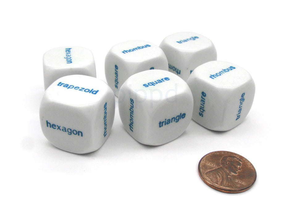 Pack of 6 20mm Educational Shapes Word Dice - White with Blue Words