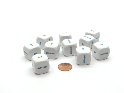Pack of 10 20mm Math 2 Function (add, subtract) Word Dice - White with Blue