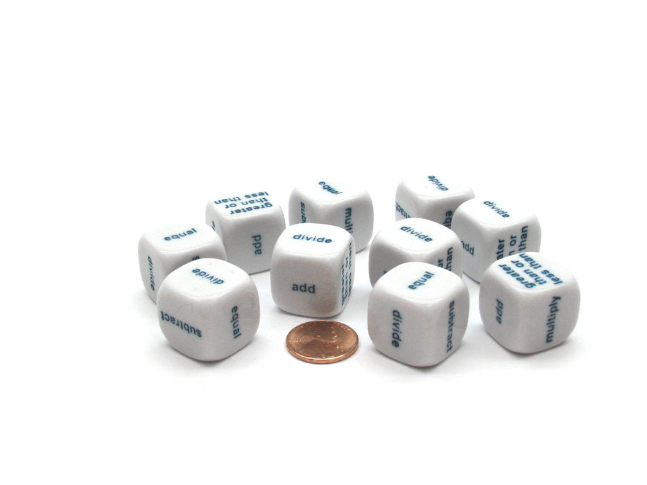 Pack of 10 20mm Math 6 Function Word Dice, English - White with Blue Words