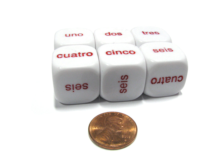 Set of 6 20mm Spanish Word Number Dice - uno, dos, tres, cuatro, cinco, seis