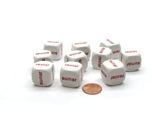 Pack of 10 20mm Math 2 Function Dice, Spanish (restar, sumar) - White with Red