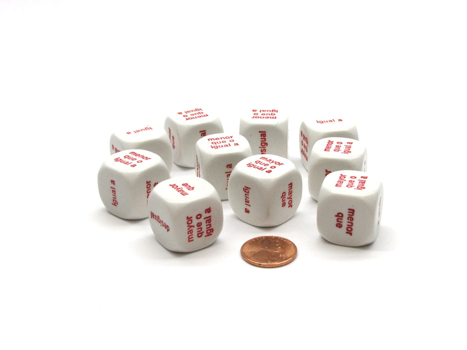 Pack of 10 20mm Logic Math Word Dice, Spanish Español Dice- White with Red Words