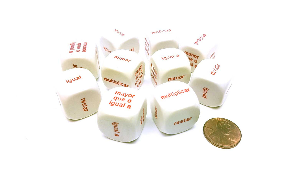 Pack of 10 20mm Math Word Dice 6 Function, Spanish Español Dice - White with Red