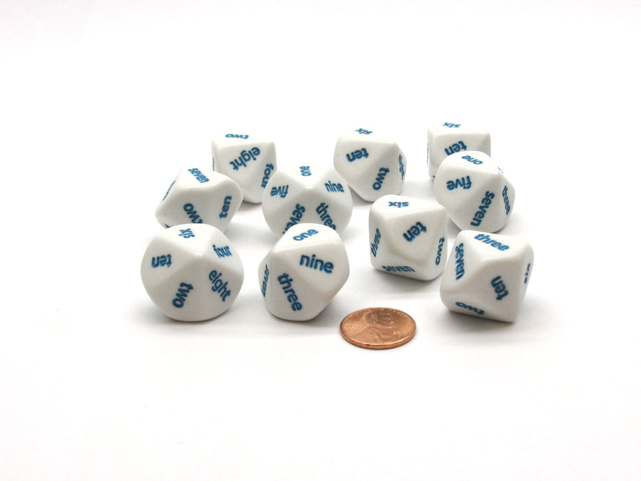 Pack of 10 D10 English Word Number Dice, one to ten - White with Blue Words