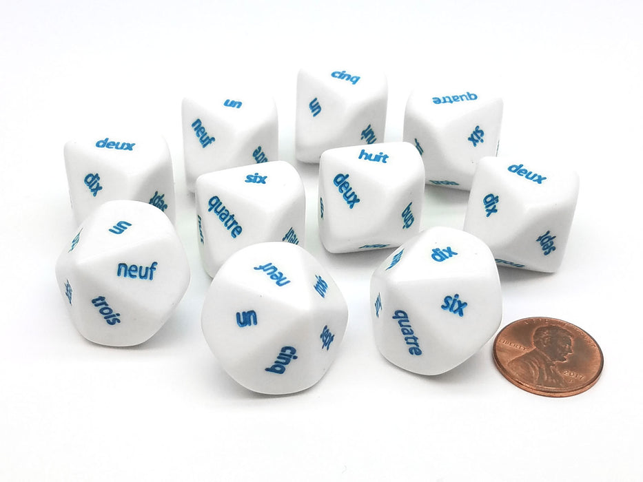 Pack of 10 D10 French Word Number Dice, 1 to 10 - White with Blue Words