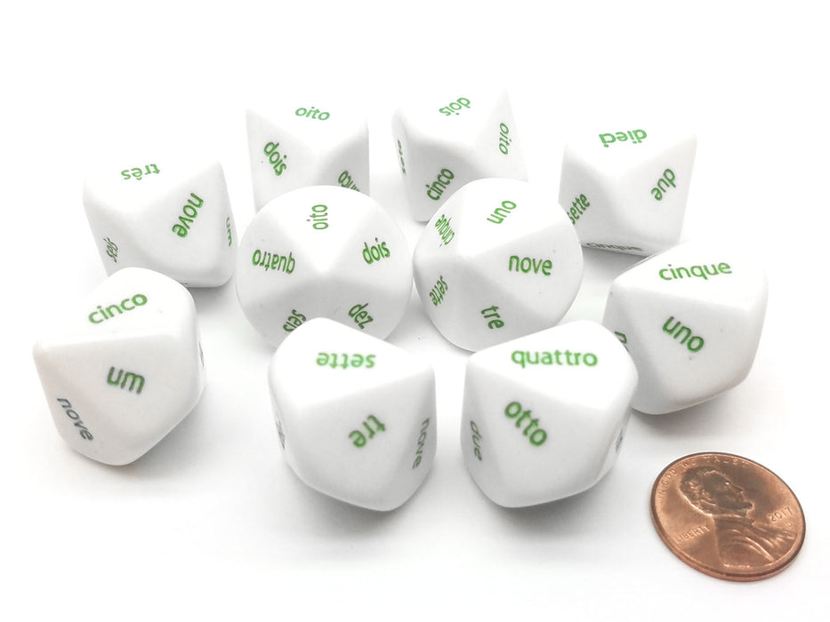 Pack of 10 D10 Italian Word Number Dice, 1 to 10 - White with Green Words