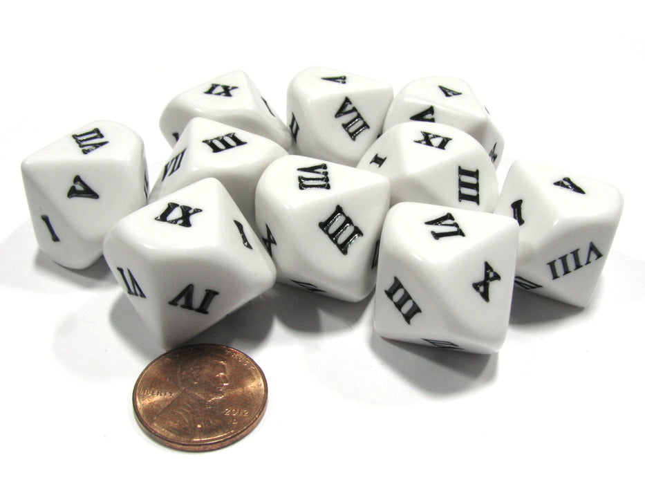 Set of 10 D10 Ten-Sided Roman Numerals Dice, I-X - White with Black Letters