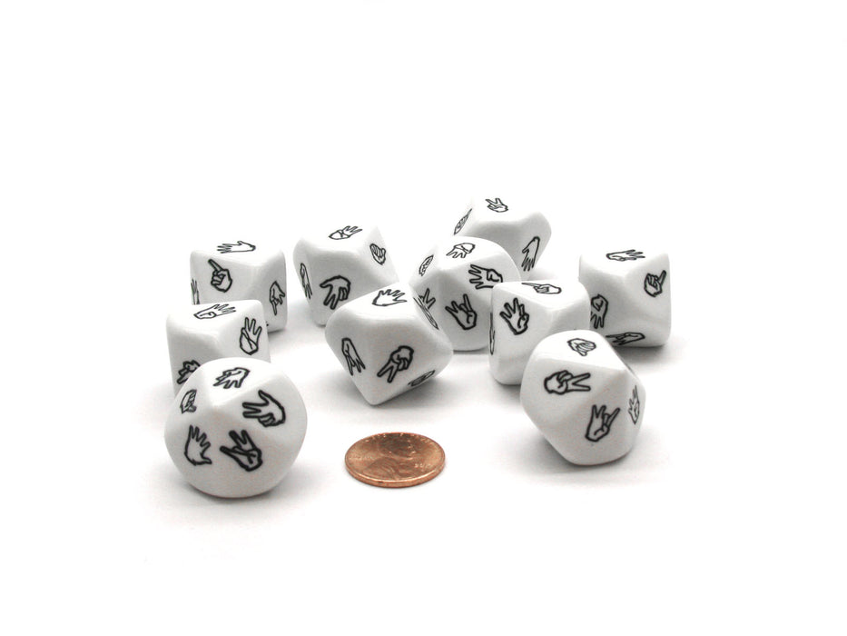 Pack of 10 D10 Sign Language Dice, 1 to 10 - White with Black Etches