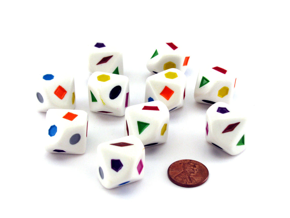 Pack of 10 D10 10 Shapes Dice - White with Multicolored Shapes