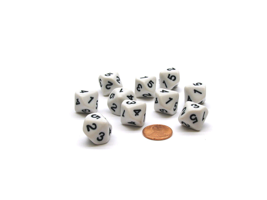 Pack of 10 10-Sided 16mm D5 Dice Numbered 1 to 5 Twice - White with Black