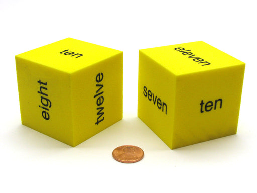 Pack of 2 50mm D6 Square Foam Word Dice Numbered 7 to 12 - Yellow with Black