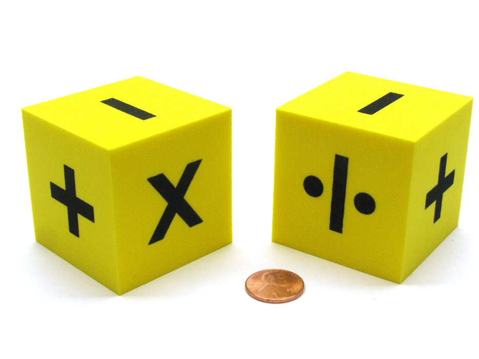 Pack of 2 50mm D6 Square Foam Operation Dice - Yellow with Black Symbols