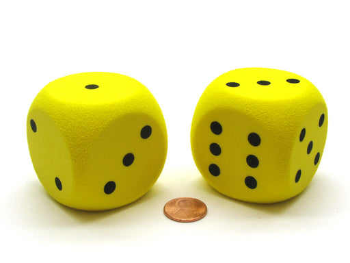 Pack of 2 50mm D6 Round Foam Dice Numbered 1 to 6 - Yellow with Black Spots