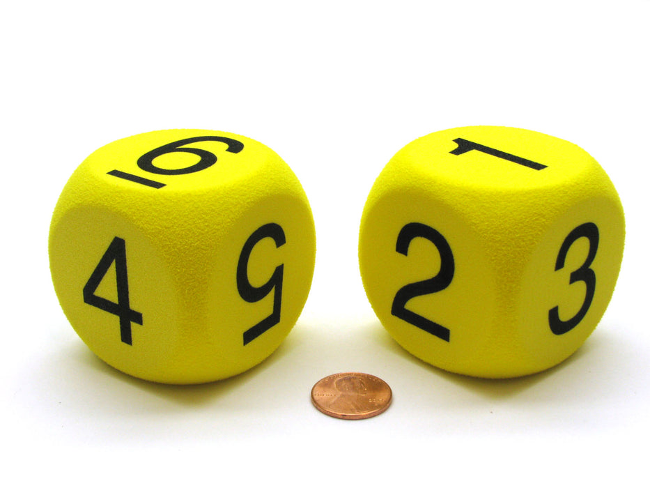 Pack of 2 50mm D6 Round Foam Dice Numbered 1 to 6 - Yellow with Black Numbers