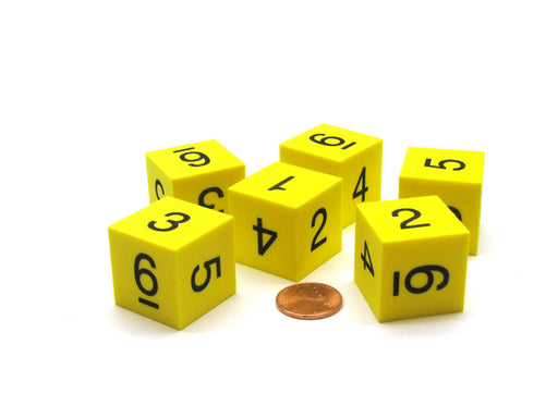 Pack of 6 25mm D6 Square Foam Dice Numbered 1 to 6 - Yellow with Black Numbers