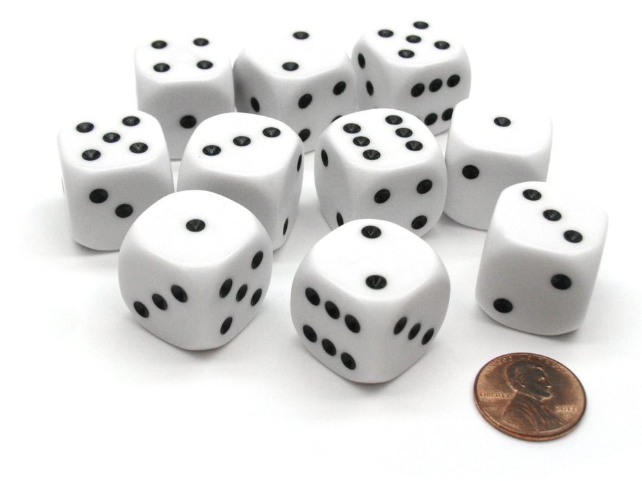 Pack of 10 D6 20mm Spotted 1 to 6 Dice with Rounded Corners - White with Black