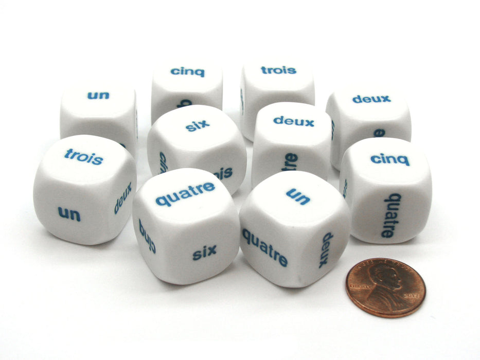 Pack of 10 D6 20mm Numbered 1 to 6 French Word Dice - White with Blue Words