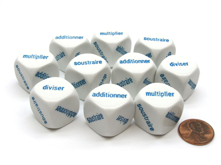 Pack of 10 D6 20mm 4 Math Functions French Word Dice - White with Blue
