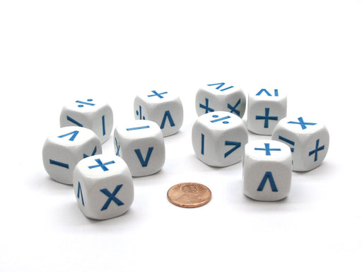 Pack of 10 20mm D6 Math Operation Six Function Dice - White with Blue Etches