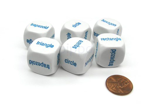 Pack of 6 20mm Educational Shapes Word Dice (Series 2) - White with Blue Words