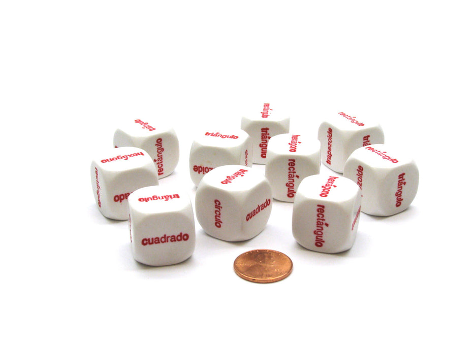 Pack of 10 20mm D6 Shapes Spanish Word Dice Series 2 - White with Red Words