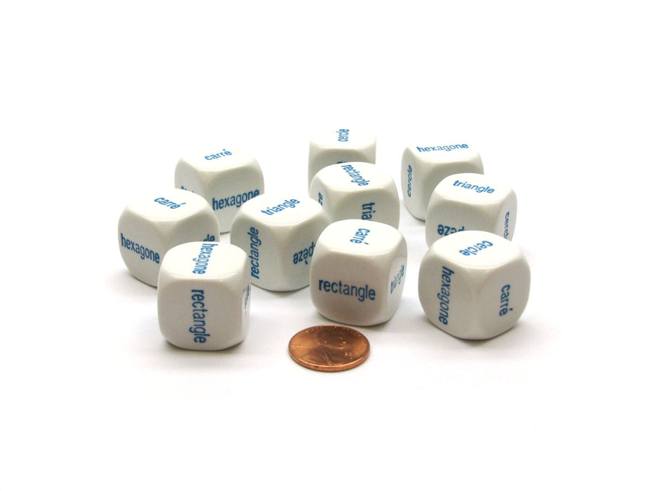 Pack of 10 20mm D6 Shapes French Word Dice Series 2 - White with Blue Words